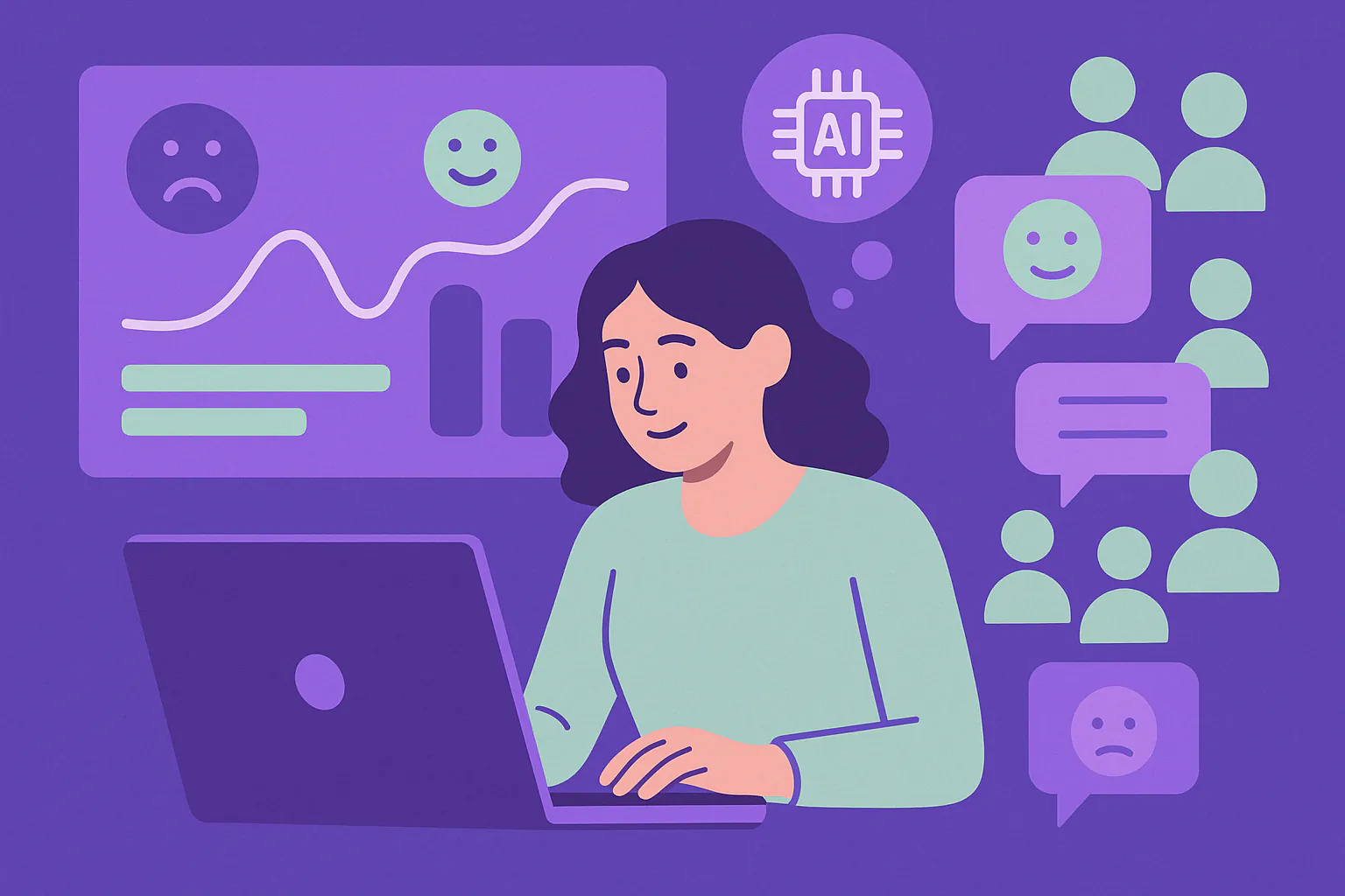 Stylised banner illustration representing sentiment analysis, community feedback, AI in non-profits, data-driven community services without any on-image text.