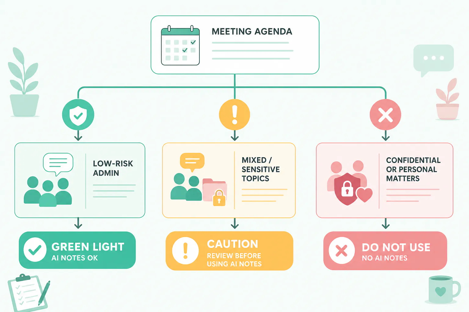 Decision map showing how a charity meeting can be classified as green light, caution, or do not use for AI notes.