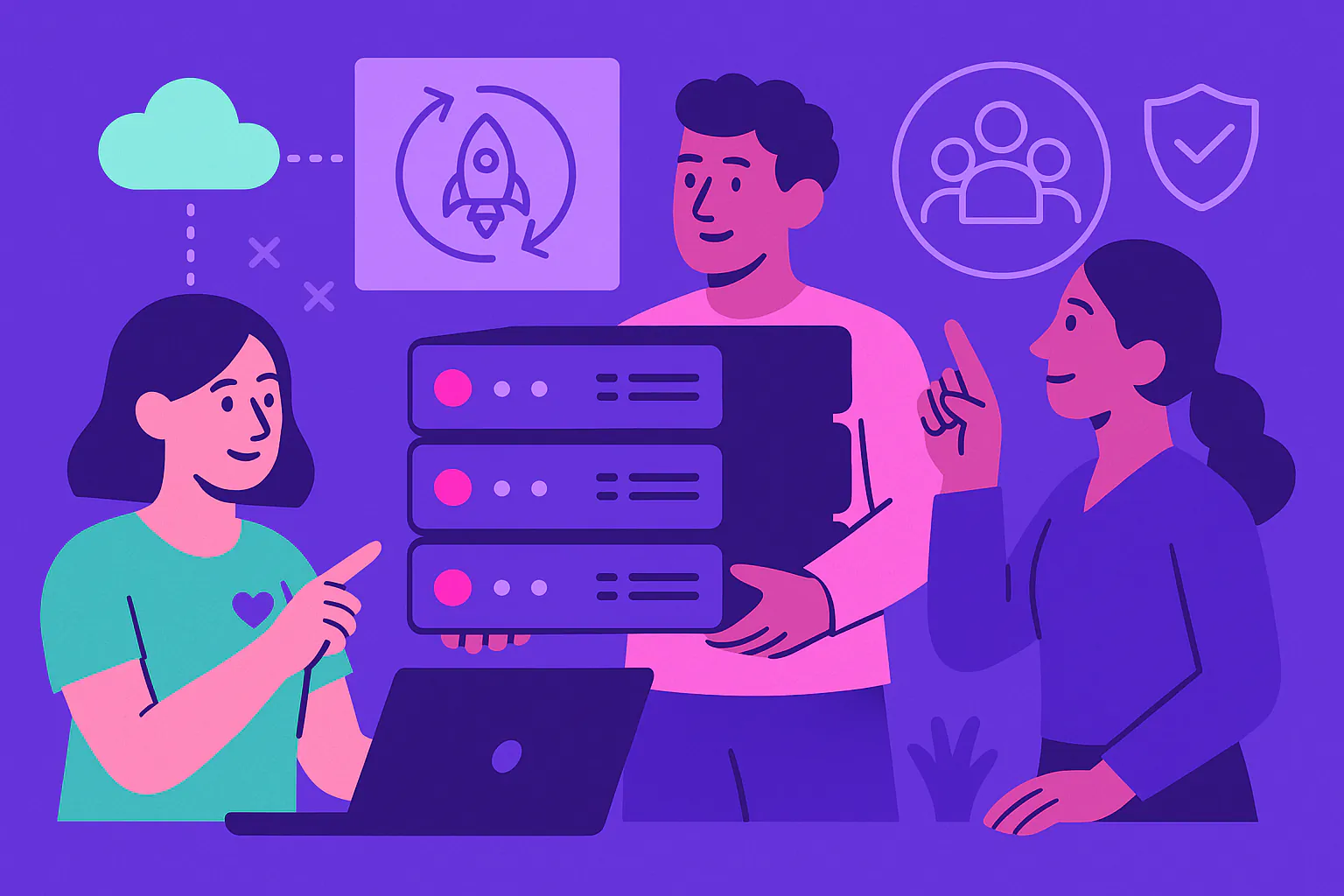 Stylised banner illustration representing Deployment, Volunteer Teams, Platform Reliability without any on-image text.