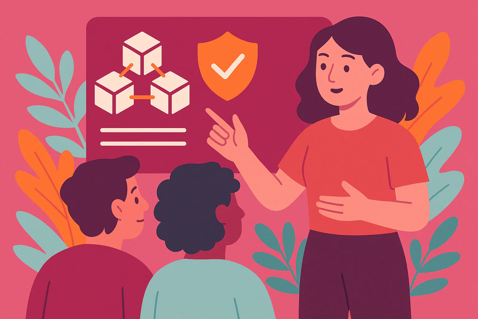 Stylised banner illustration representing Blockchain Safety, User Onboarding, Community Technology without any on-image text.
