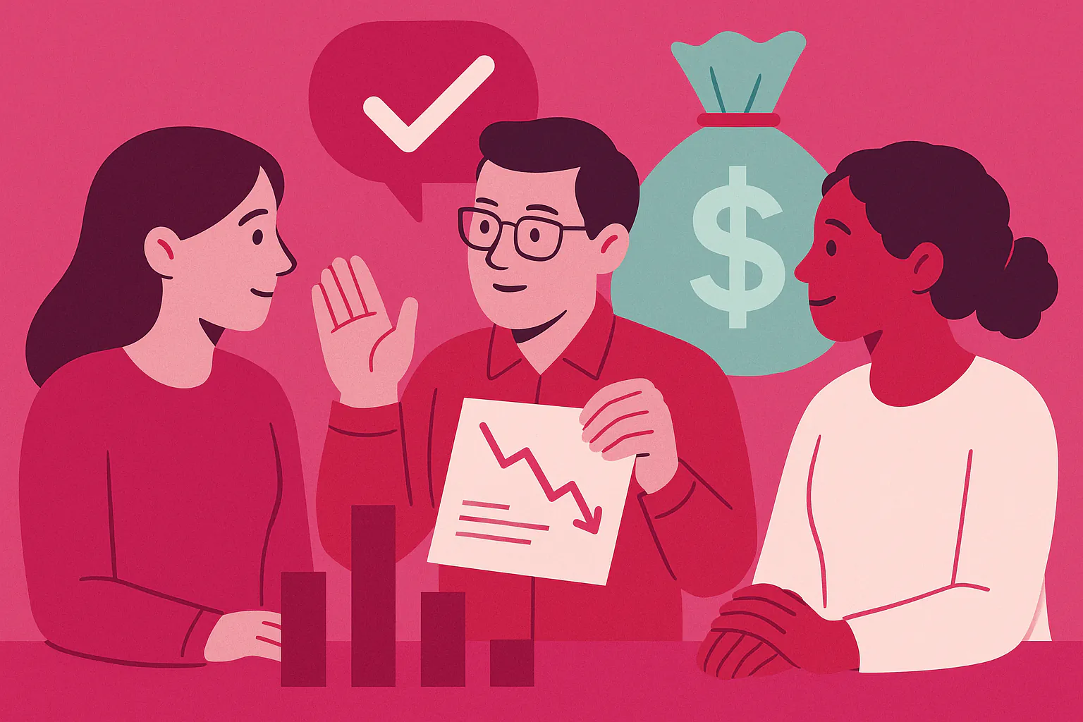 Stylised banner illustration representing Funding, Nonprofit Reporting, Volunteer Management without any on-image text.