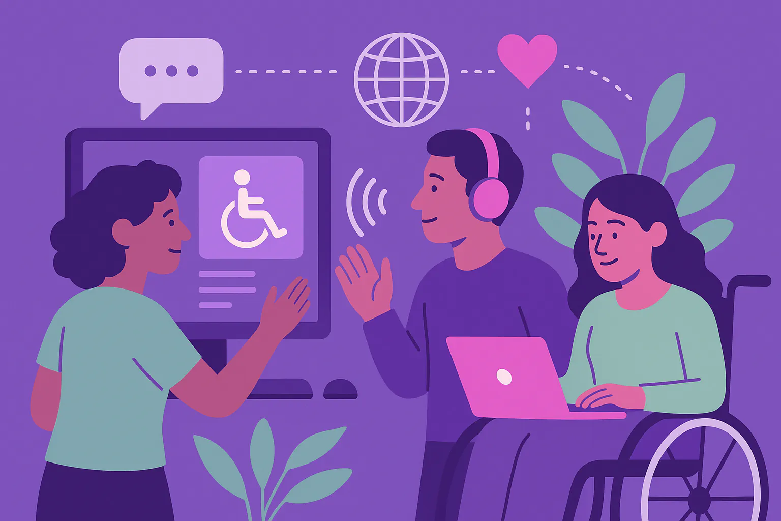 Stylised banner illustration representing digital inclusion, assistive technology, community engagement, accessible technology without any on-image text.