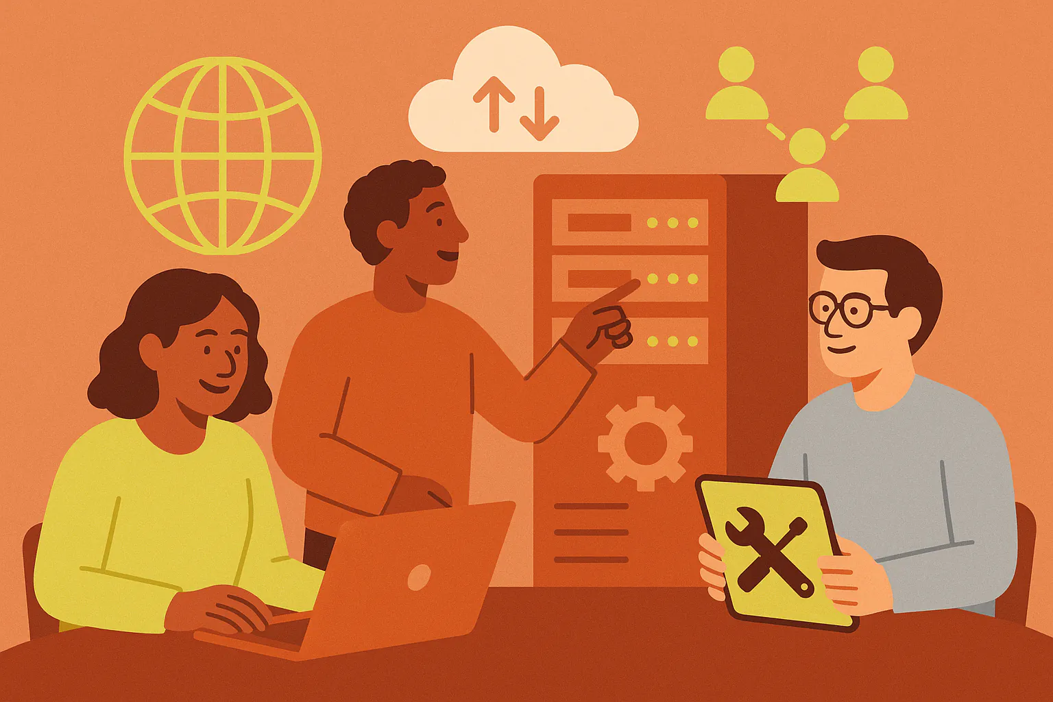 Stylised banner illustration representing Infrastructure, Reliability, Community Technology without any on-image text.