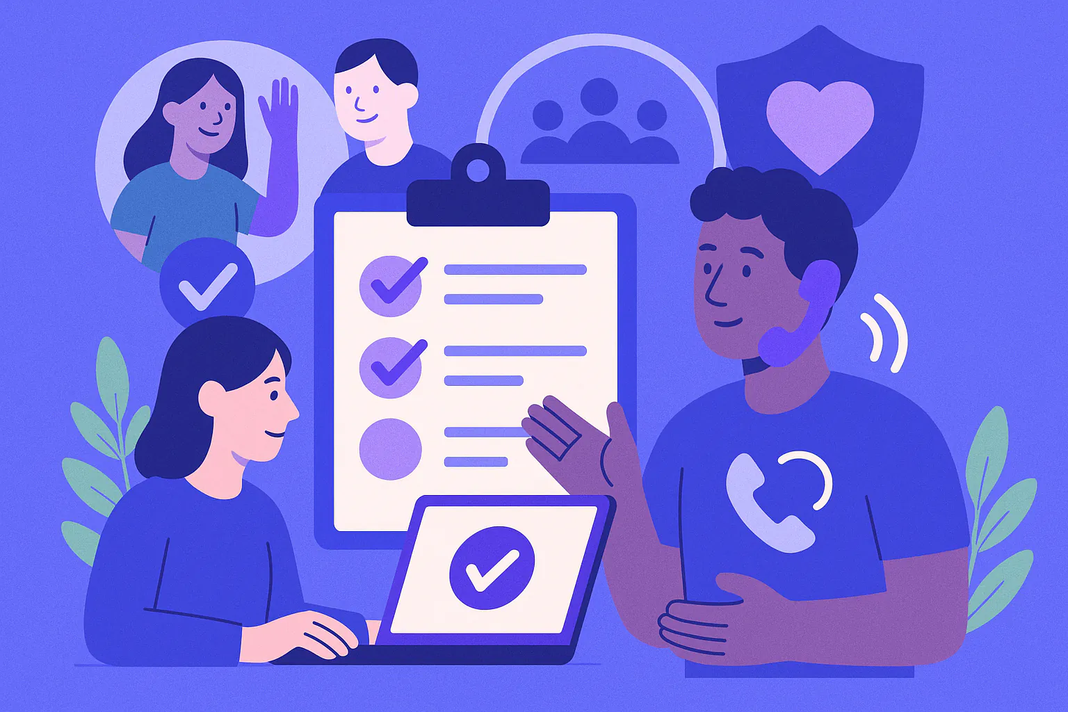 Stylised banner illustration representing Volunteer Management, Safeguarding, Community Support without any on-image text.