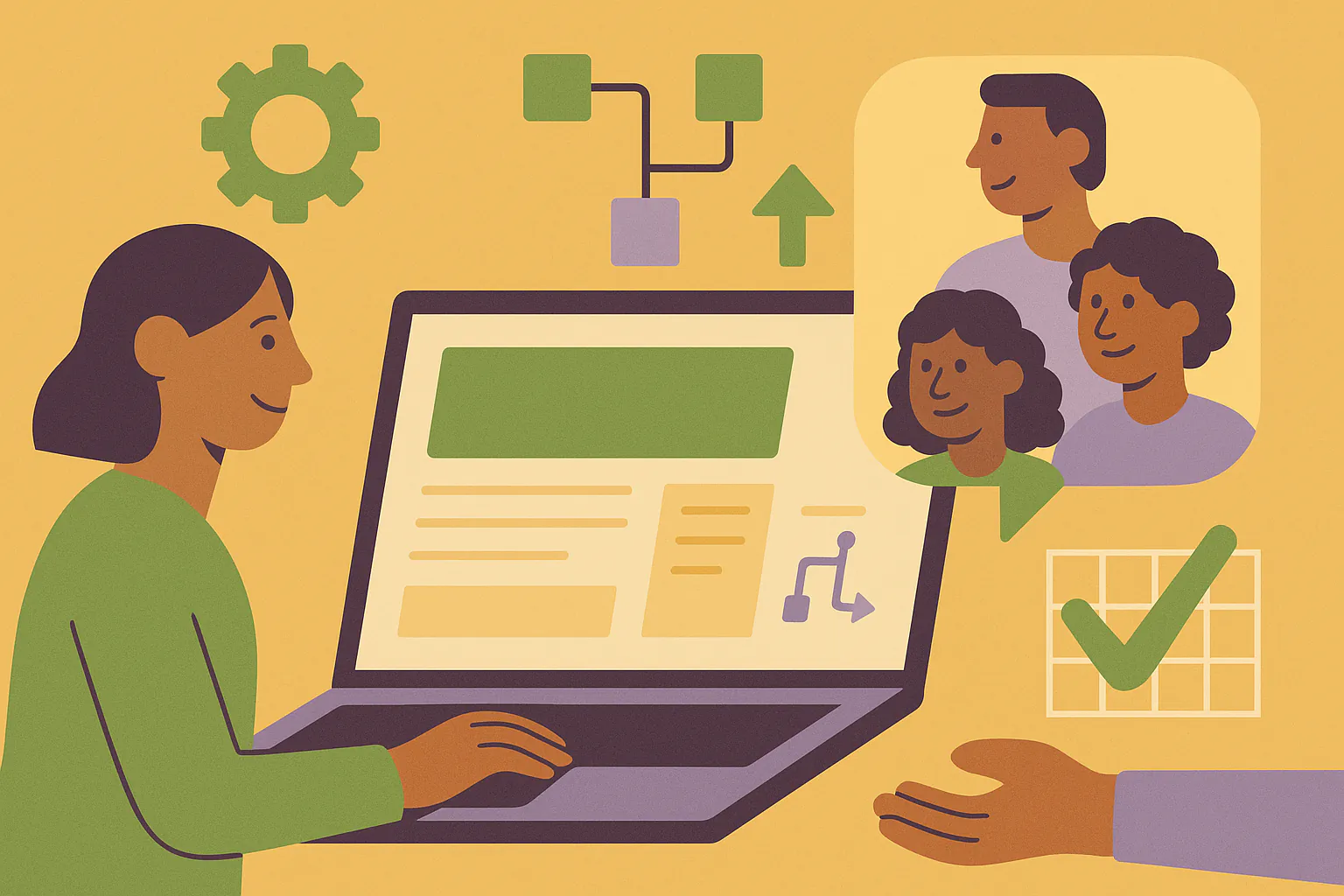 Stylised banner illustration representing Workflow Design, Community Technology, Volunteer Management without any on-image text.