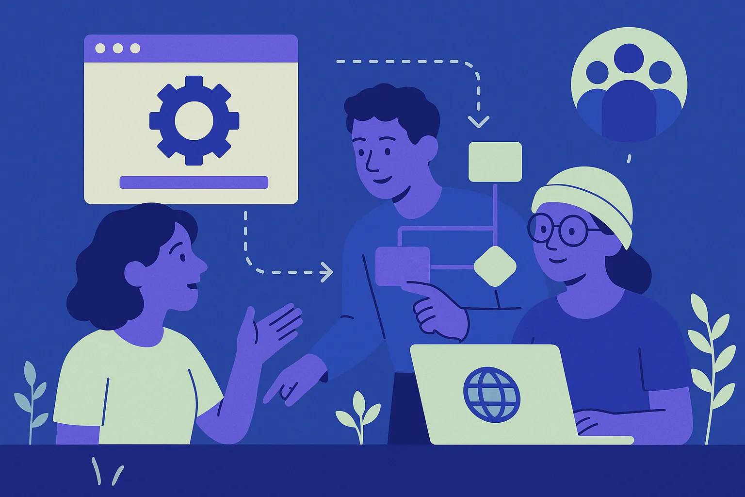 Stylised banner illustration representing Content Workflows, Automation, Volunteer Engagement without any on-image text.