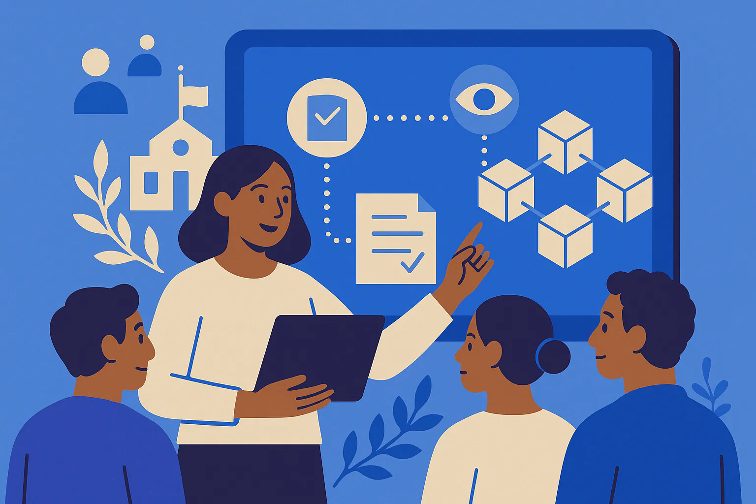 Stylised banner illustration representing blockchain technology, community organisations, transparency systems, accountability without any on-image text.