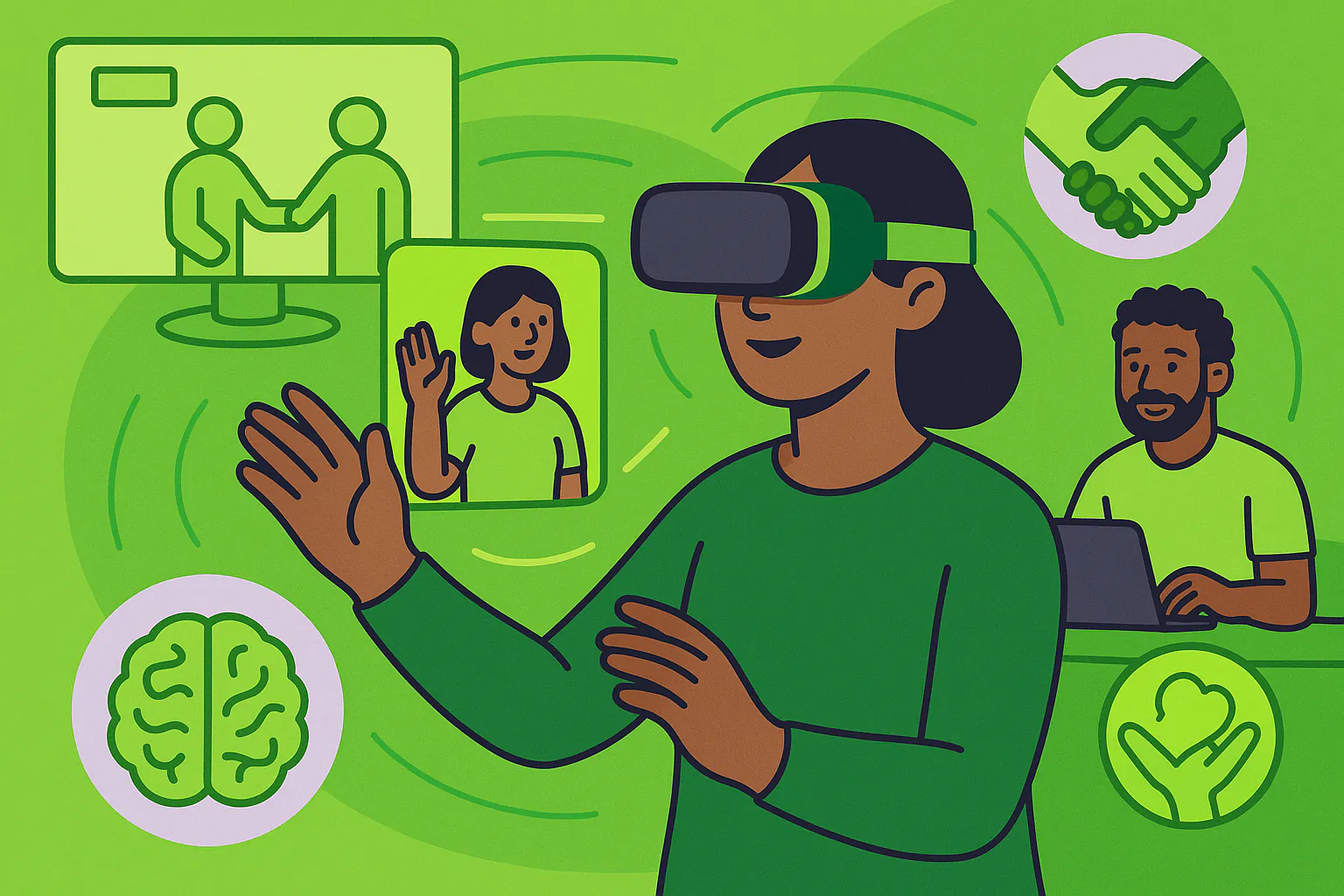 Stylised banner illustration representing virtual reality training, community technology, non-profit digital transformation, ethical AI adoption without any on-image text.