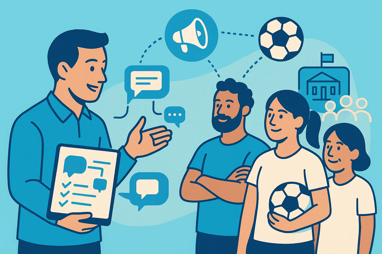 Stylised banner illustration representing Digital Communication, Sports Clubs, Member Engagement without any on-image text.