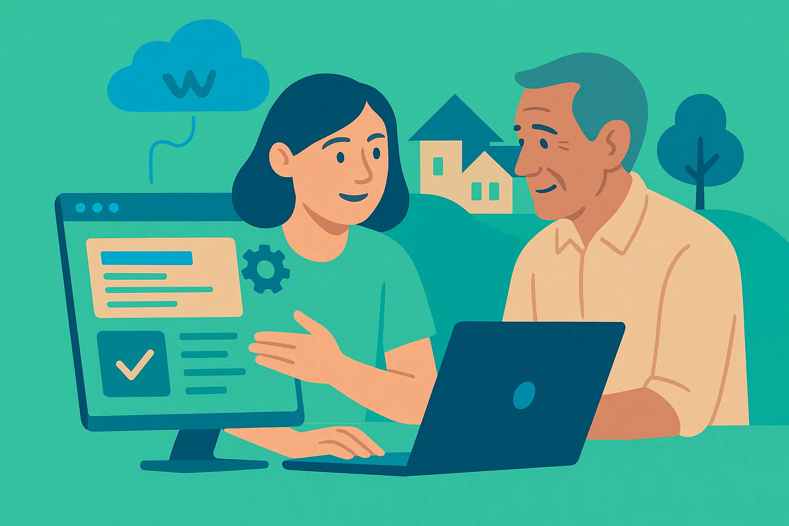 Stylised banner illustration representing Community Technology, Volunteer Operations, Risk Management without any on-image text.