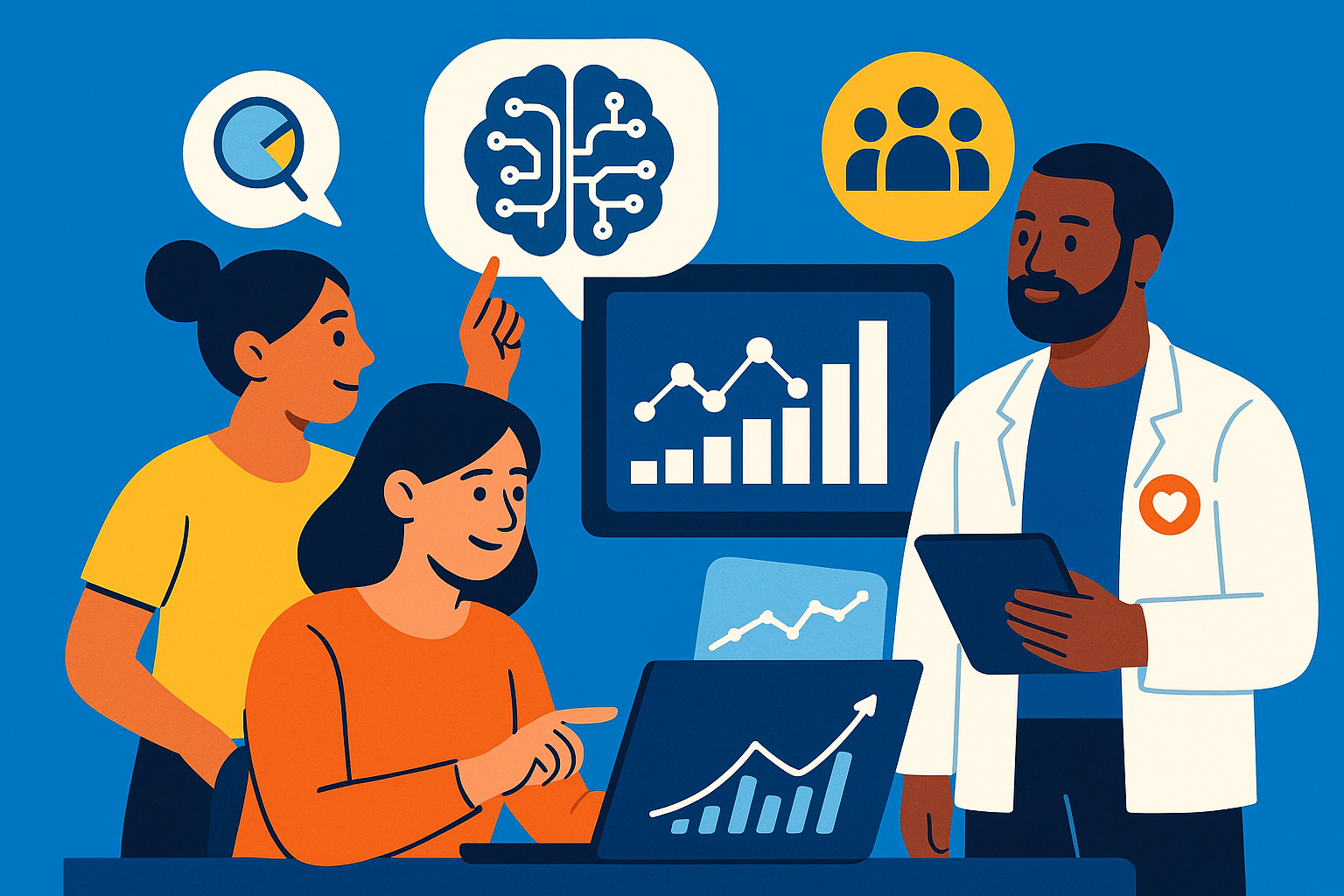 Stylised banner illustration representing AI, Data Analytics, Community Organisations, Service Delivery without any on-image text.