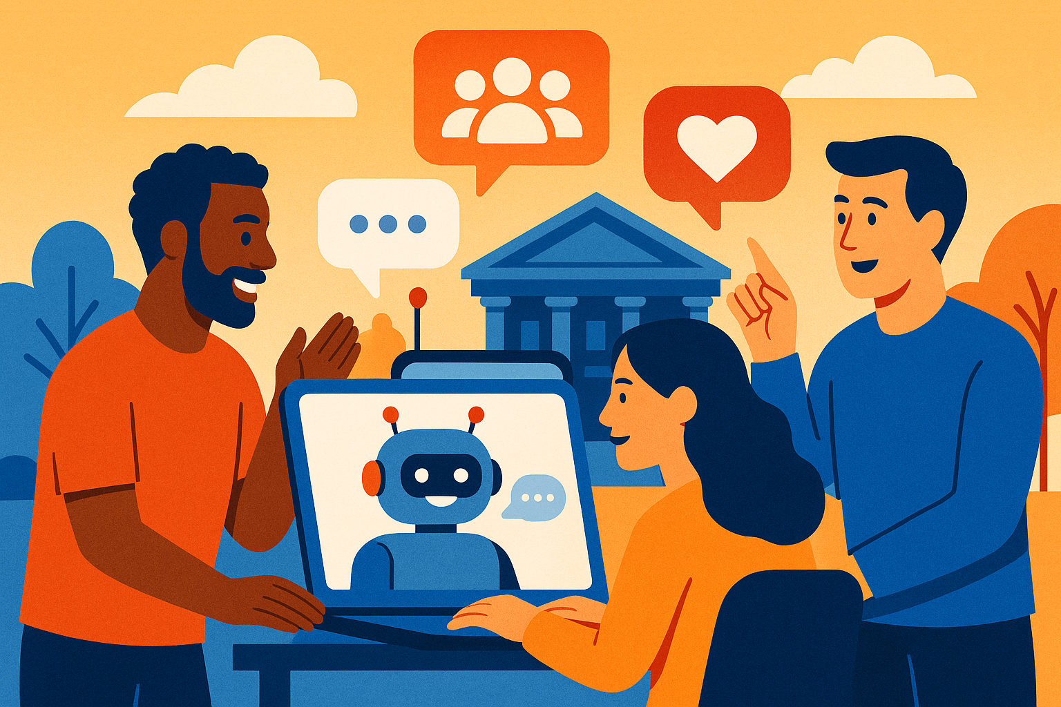 Stylised banner illustration representing AI chatbots, community engagement, local organisations, digital transformation without any on-image text.