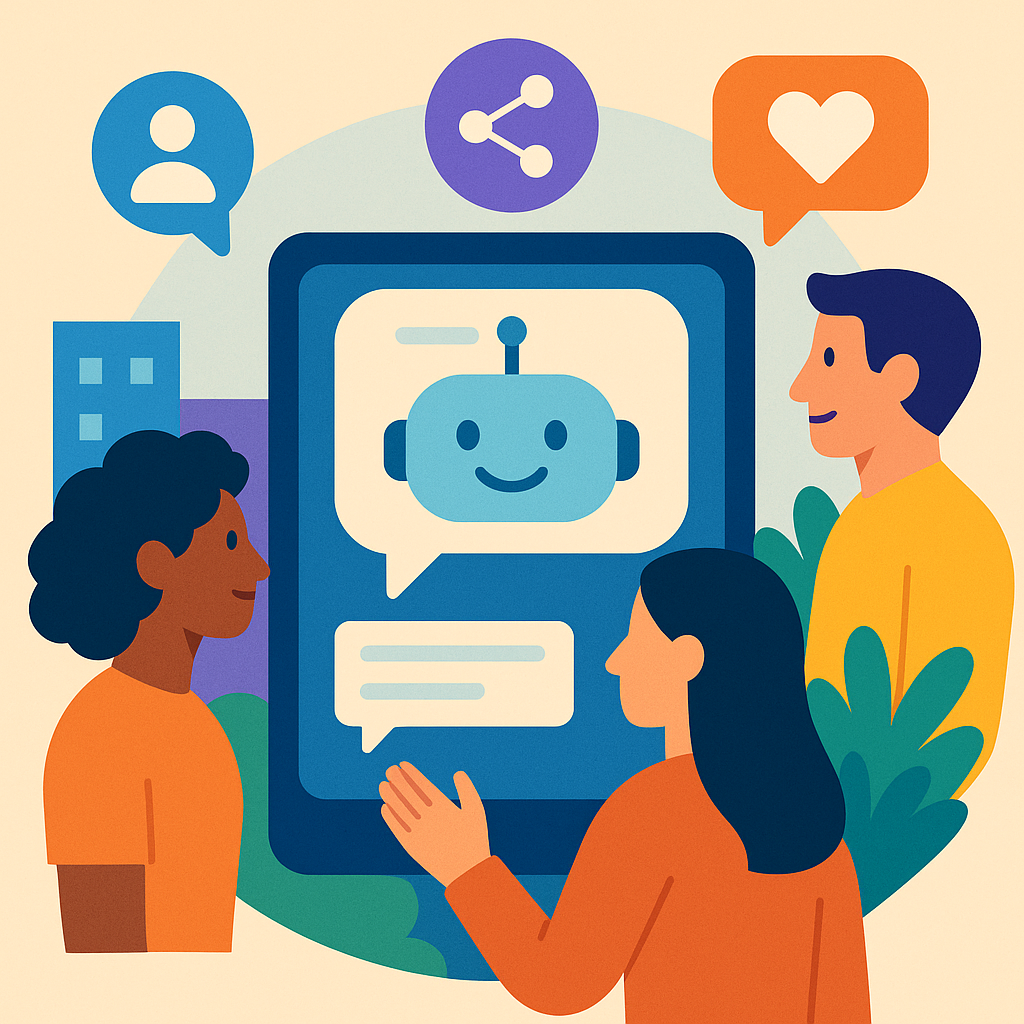 Stylised square thumbnail representing AI chatbots, community engagement, local organisations, digital transformation without any on-image text.