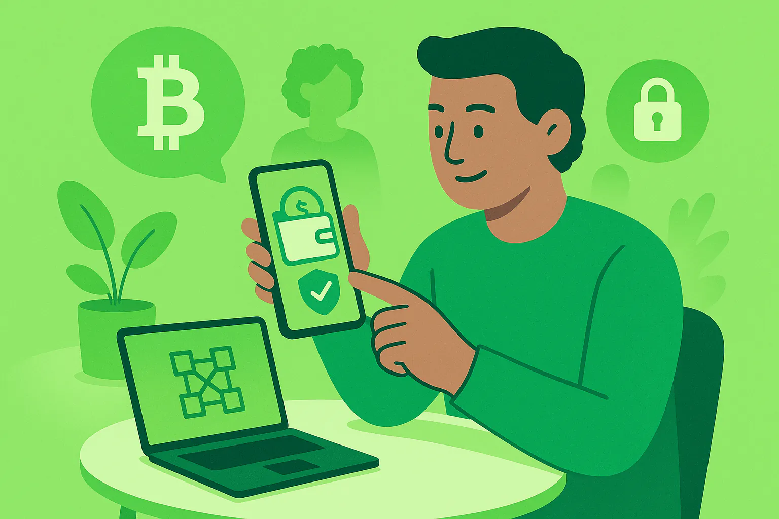 Stylised banner illustration representing Blockchain, Security, User Experience without any on-image text.
