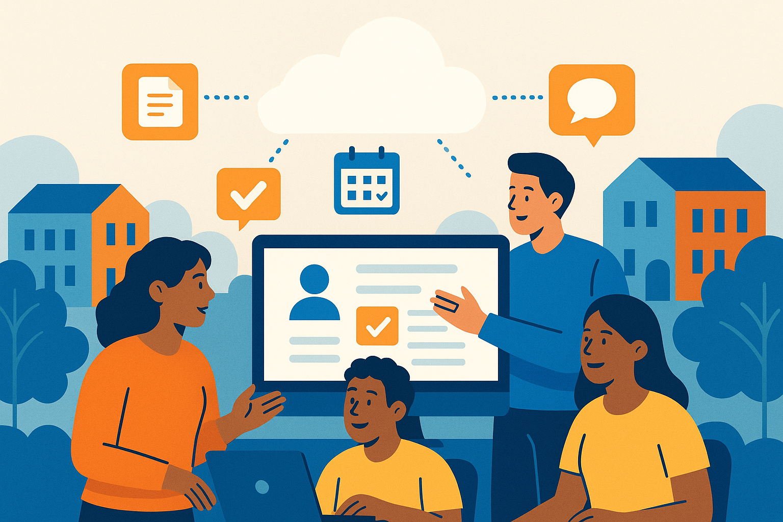 Stylised banner illustration representing community organisations, volunteer coordination, cloud collaboration, technology consulting without any on-image text.