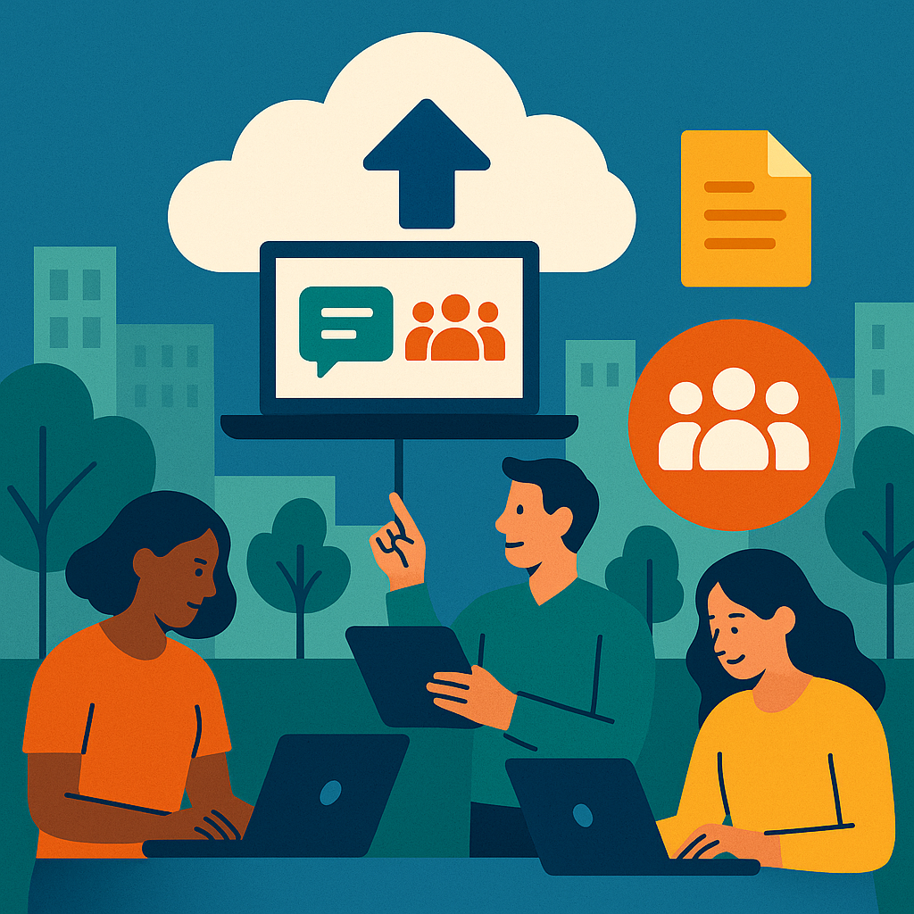 Stylised square thumbnail representing community organisations, volunteer coordination, cloud collaboration, technology consulting without any on-image text.