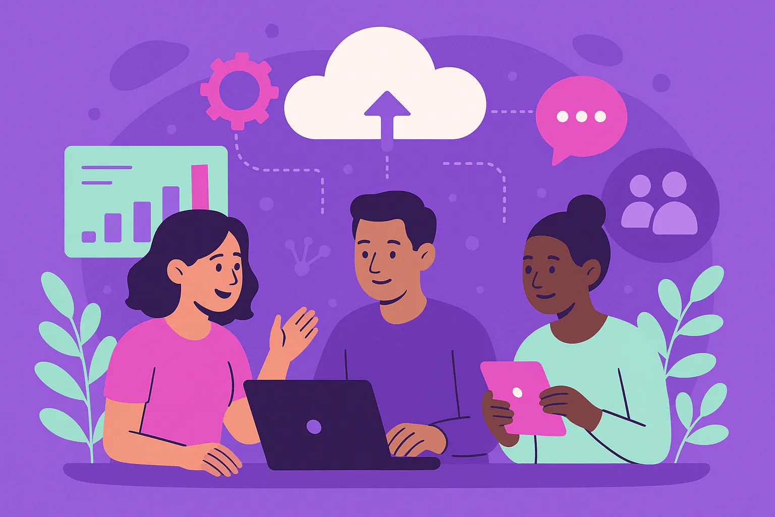 Stylised banner illustration representing community technology, project management, cloud collaboration, non-profit digital transformation without any on-image text.