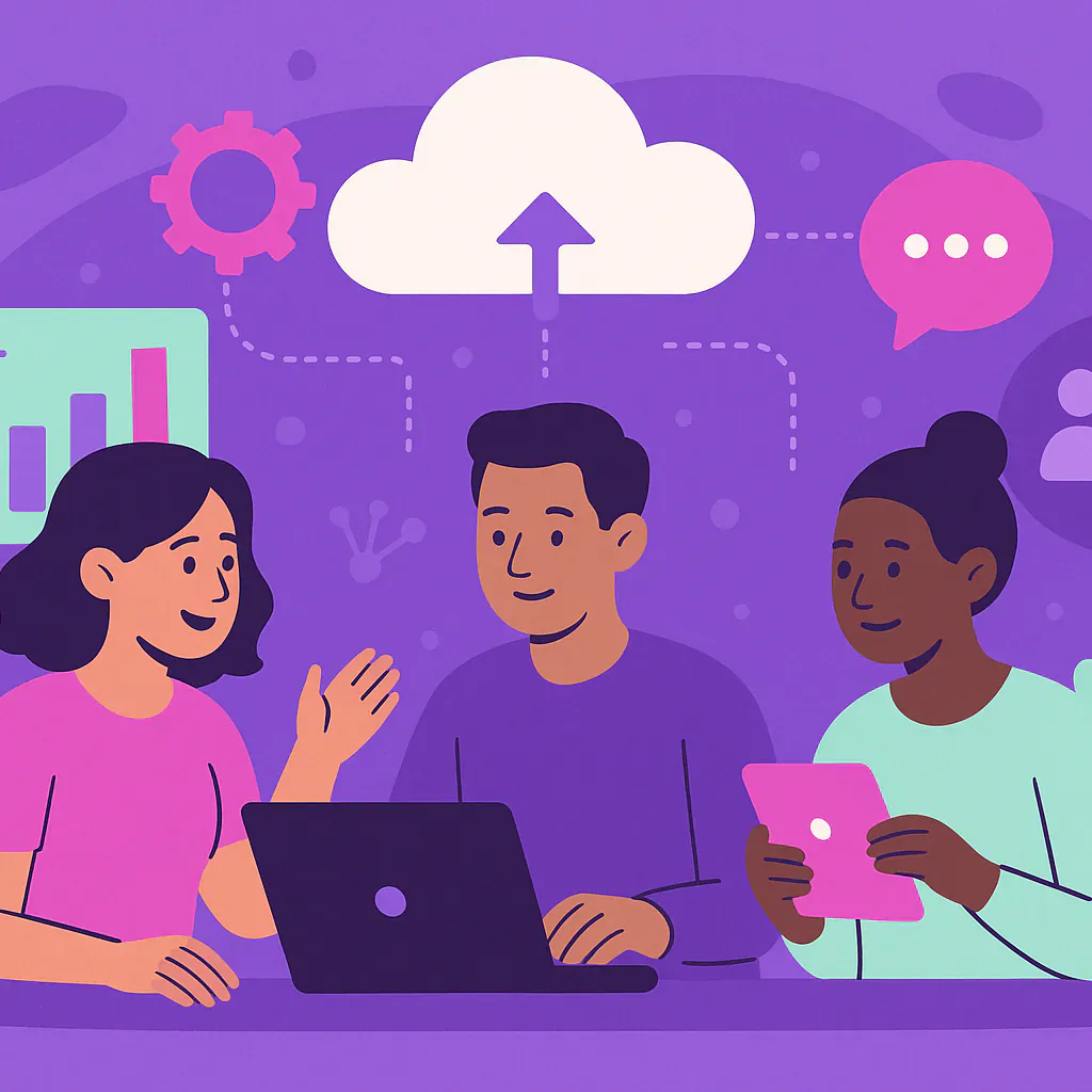 Stylised square thumbnail representing community technology, project management, cloud collaboration, non-profit digital transformation without any on-image text.