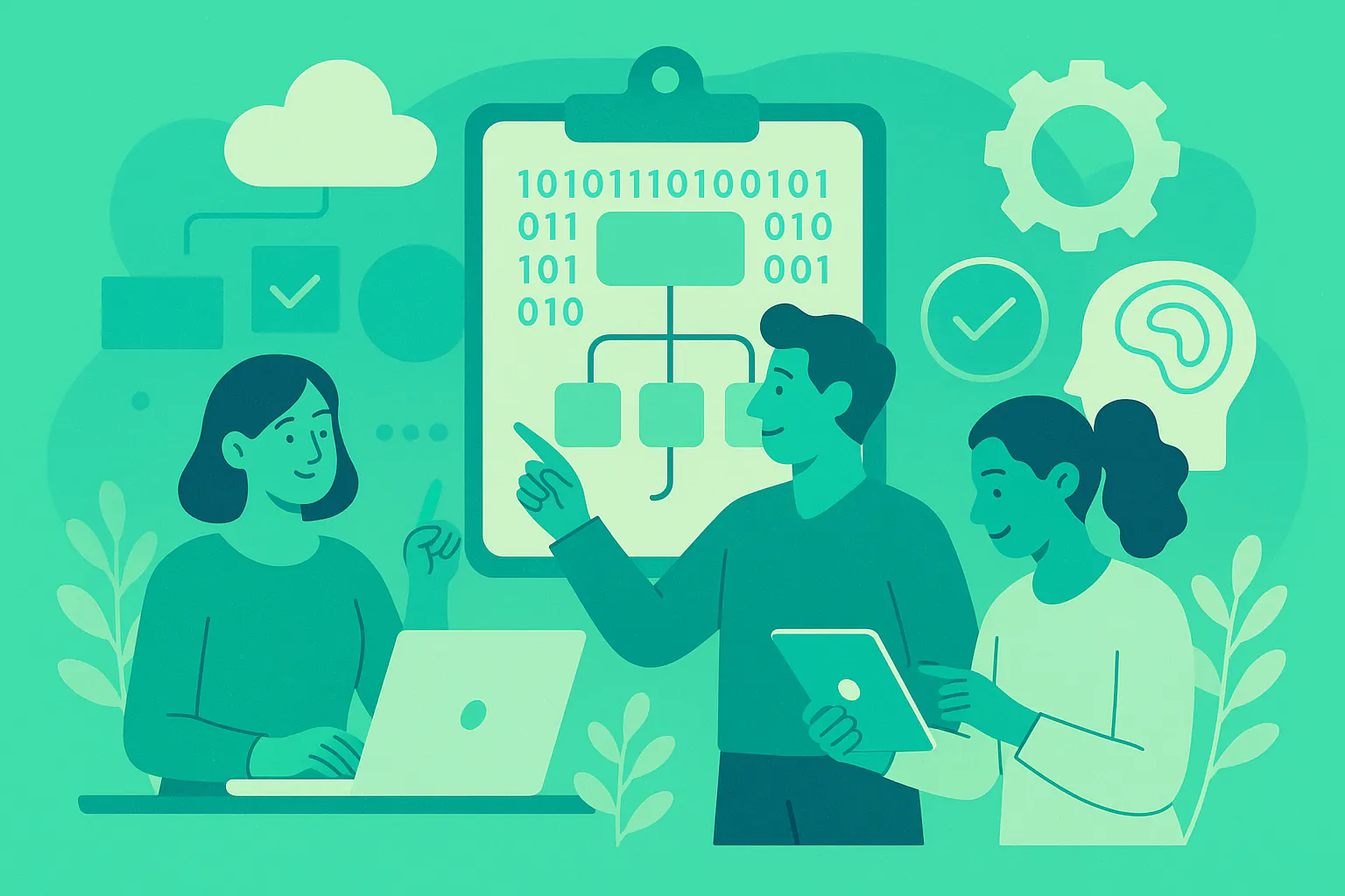 Stylised banner illustration representing digital transformation, community technology, low-code platforms, no-code tools, non-profit digital transformation, data-driven community services, ethical AI adoption without any on-image text.