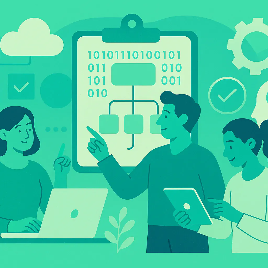 Stylised square thumbnail representing digital transformation, community technology, low-code platforms, no-code tools, non-profit digital transformation, data-driven community services, ethical AI adoption without any on-image text.