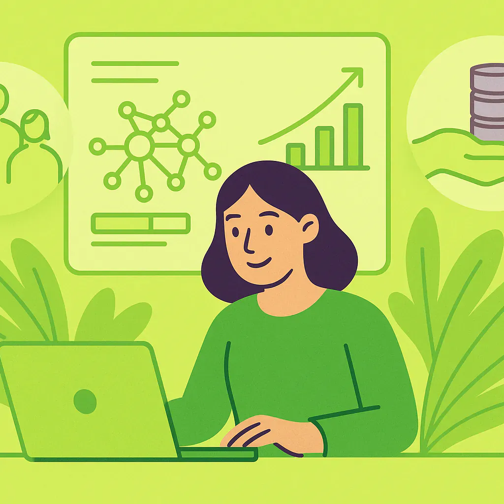 Stylised square thumbnail representing machine learning, community needs, resource allocation, non-profit digital transformation, ethical AI adoption without any on-image text.