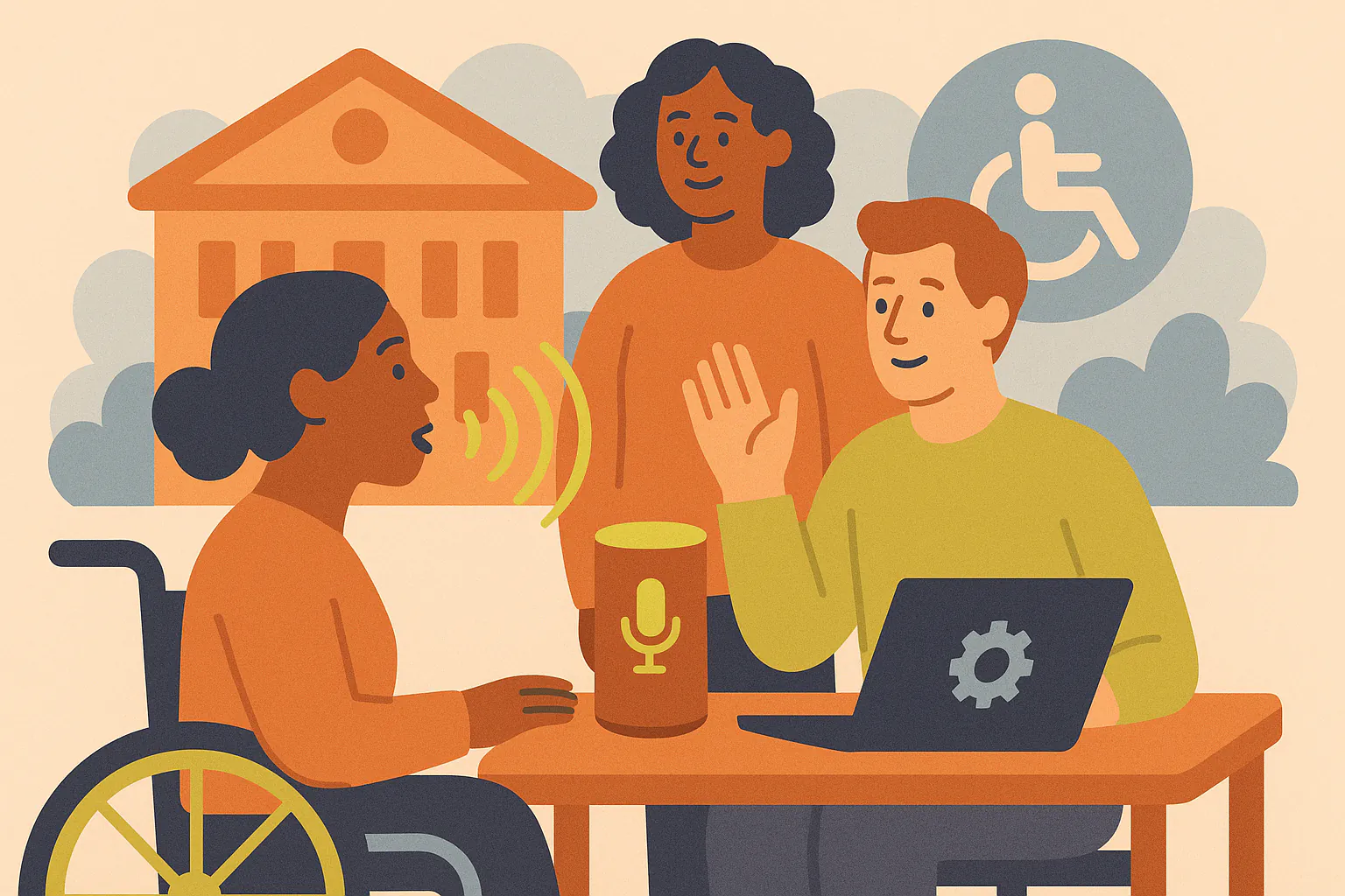 Stylised banner illustration representing voice technology, accessibility, community organisations, digital transformation without any on-image text.