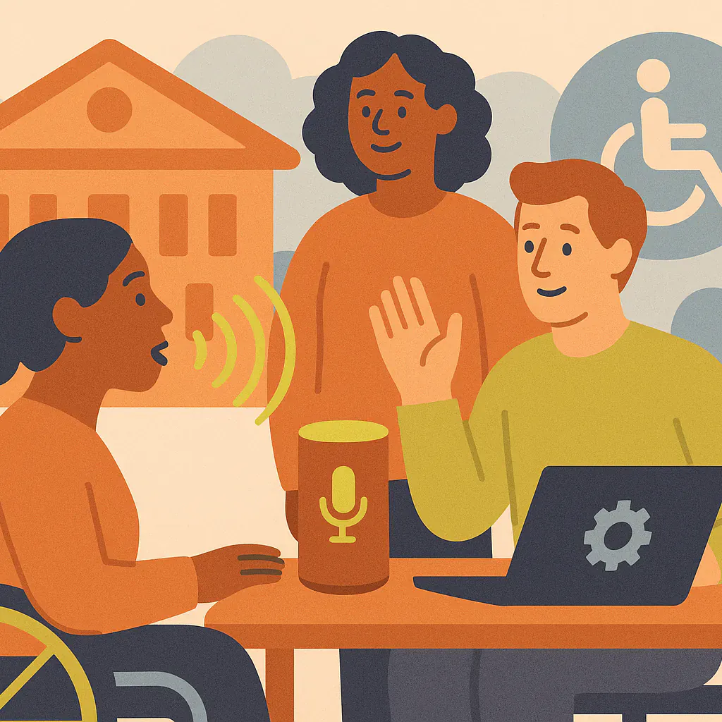 Stylised square thumbnail representing voice technology, accessibility, community organisations, digital transformation without any on-image text.