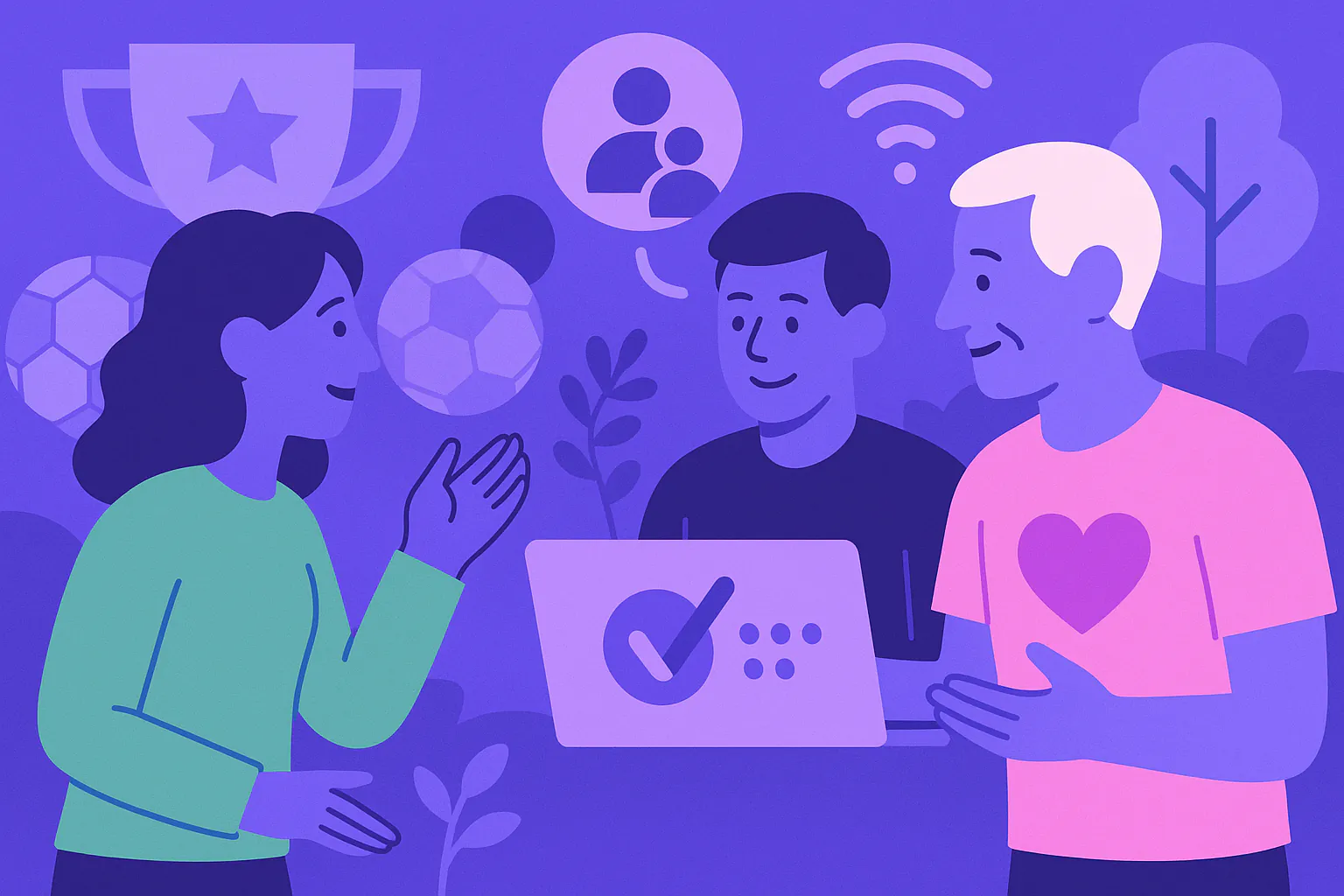 Stylised banner illustration representing Digital Collaboration, Volunteer Engagement, Community Technology without any on-image text.