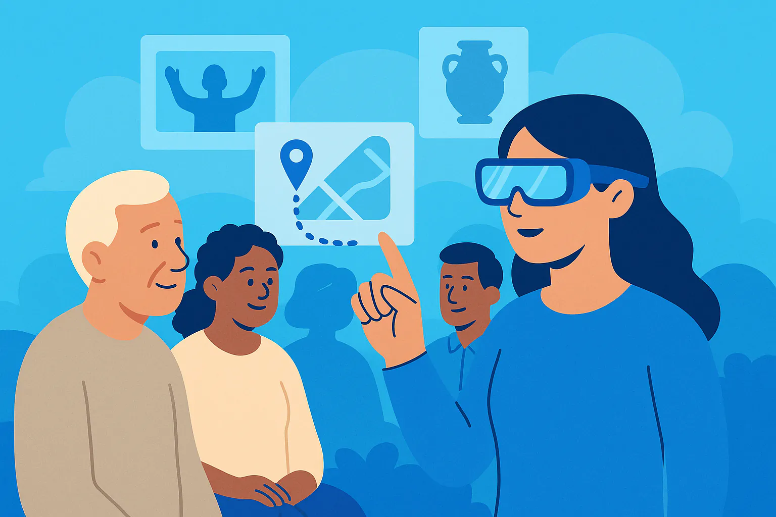 Stylised banner illustration representing augmented reality, community engagement, cultural preservation, digital transformation without any on-image text.