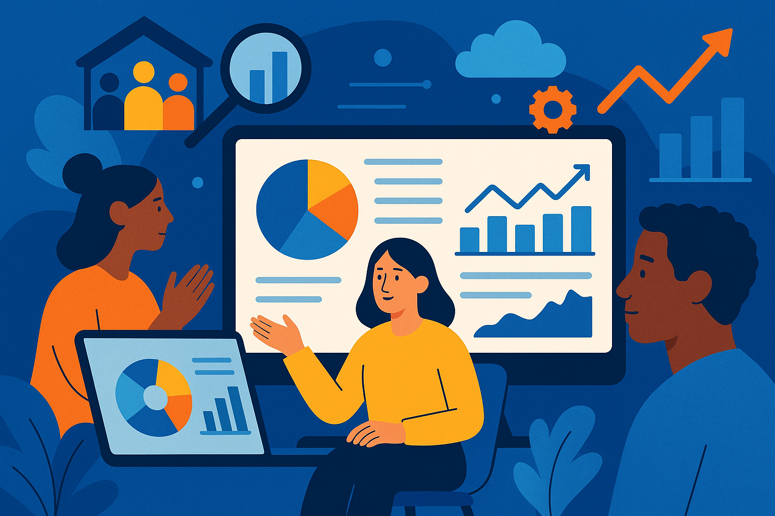 Stylised banner illustration representing Data Analytics, Community Organisations, Service Delivery, Technology Consulting without any on-image text.
