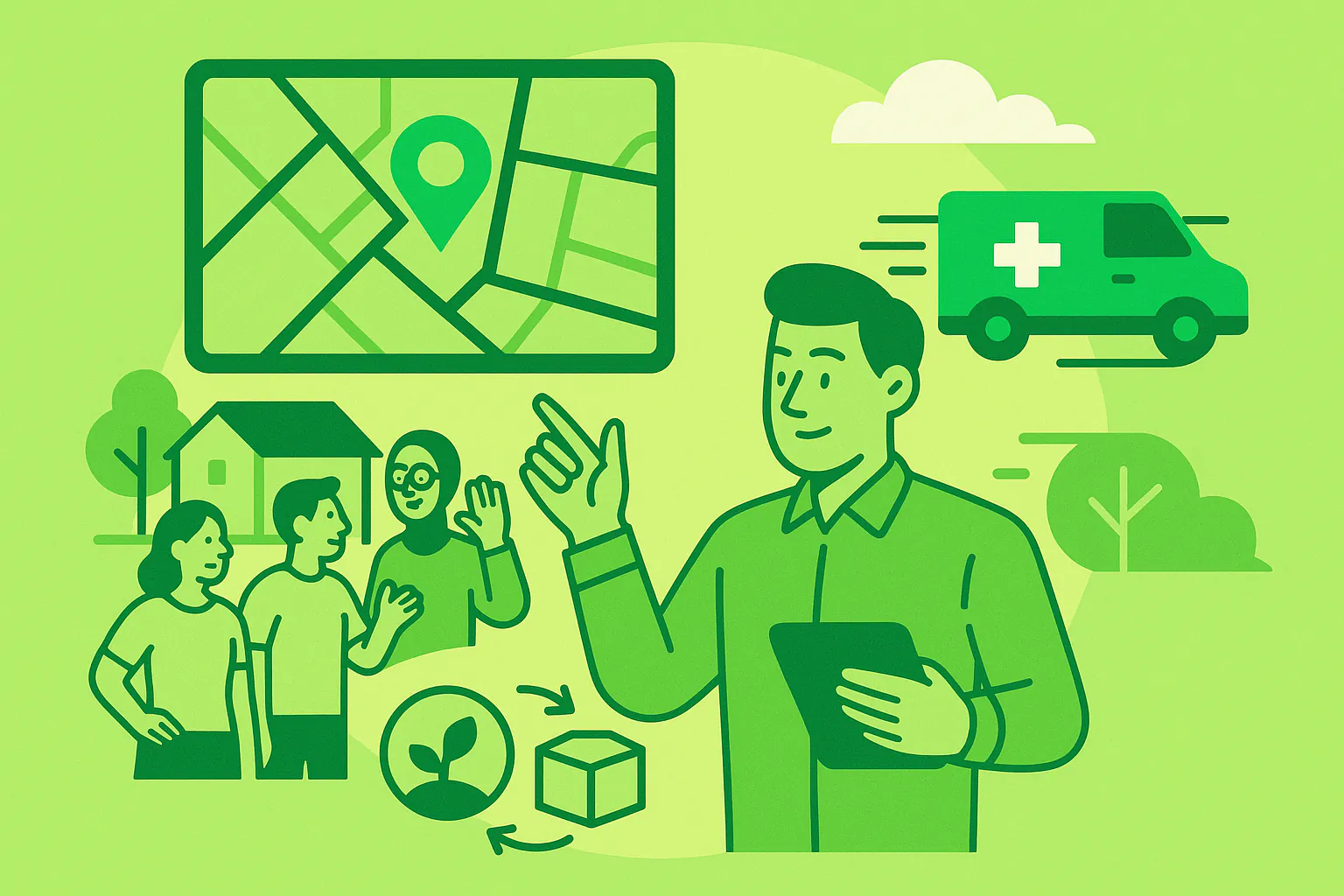 Stylised banner illustration representing geospatial mapping, community organisations, crisis response, resource allocation without any on-image text.