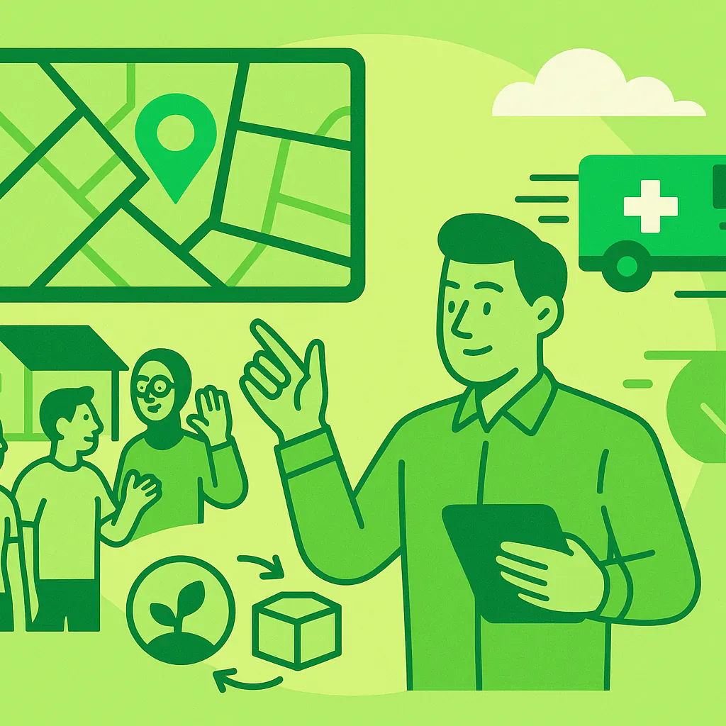 Stylised square thumbnail representing geospatial mapping, community organisations, crisis response, resource allocation without any on-image text.
