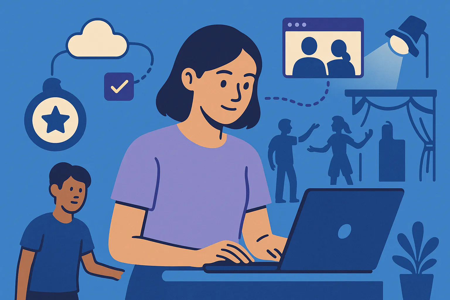 Stylised banner illustration representing Volunteer Coordination, Digital Collaboration, Youth Theatre without any on-image text.