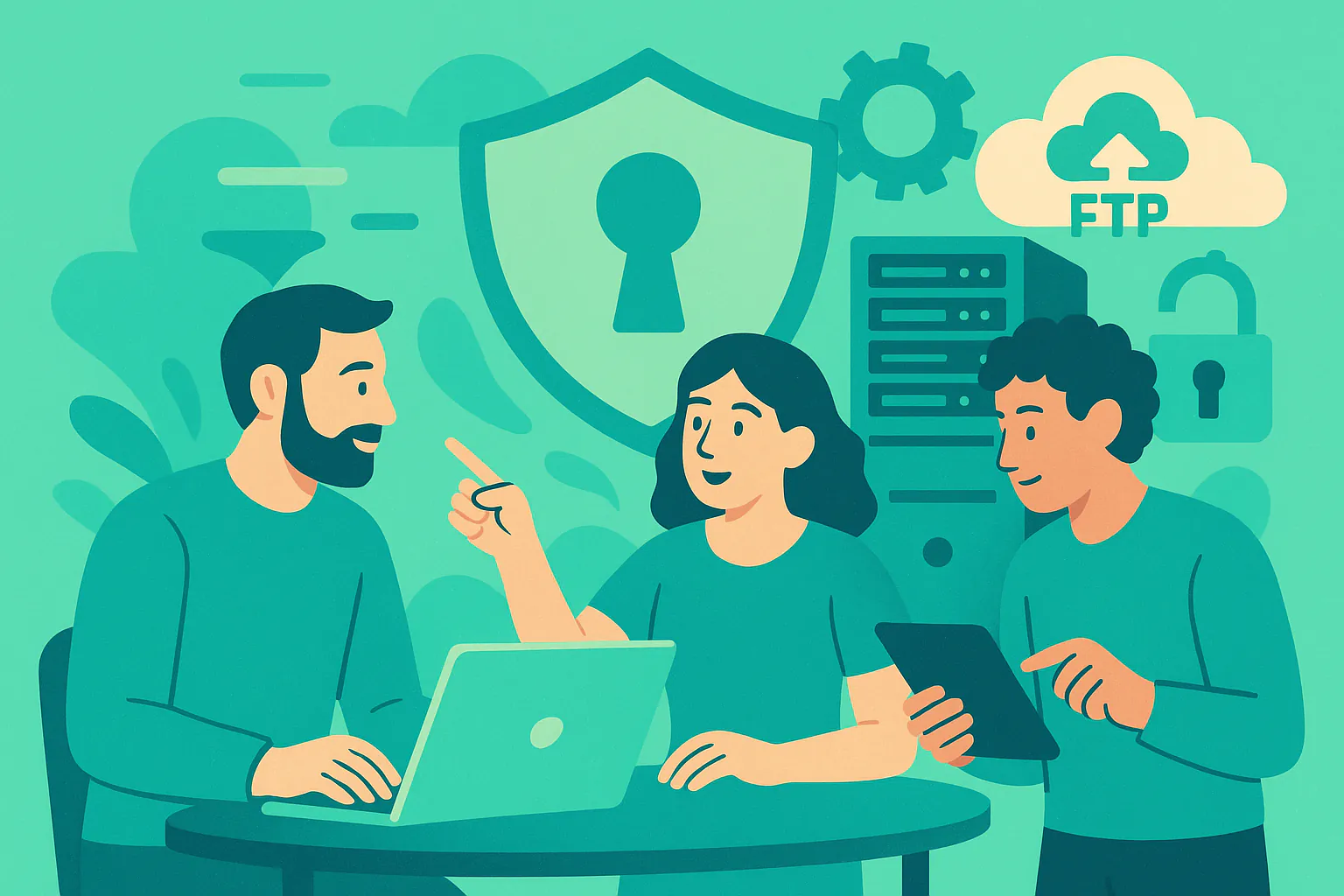 Stylised banner illustration representing Secure Access, Hosting Automation, Sysadmin Best Practices without any on-image text.