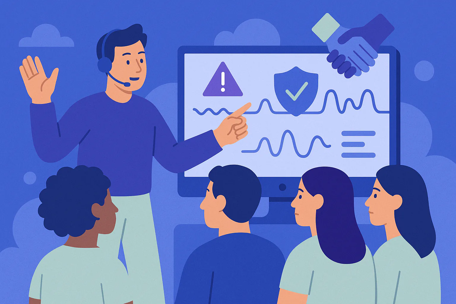 Stylised banner illustration representing Volunteer Management, Safeguarding, Operational Resilience without any on-image text.