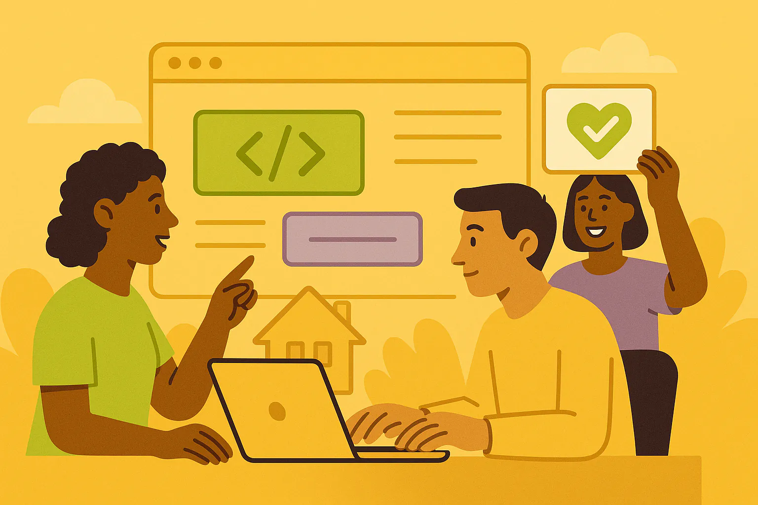 Stylised banner illustration representing Front-end Development, Volunteer Management, Project Delivery without any on-image text.