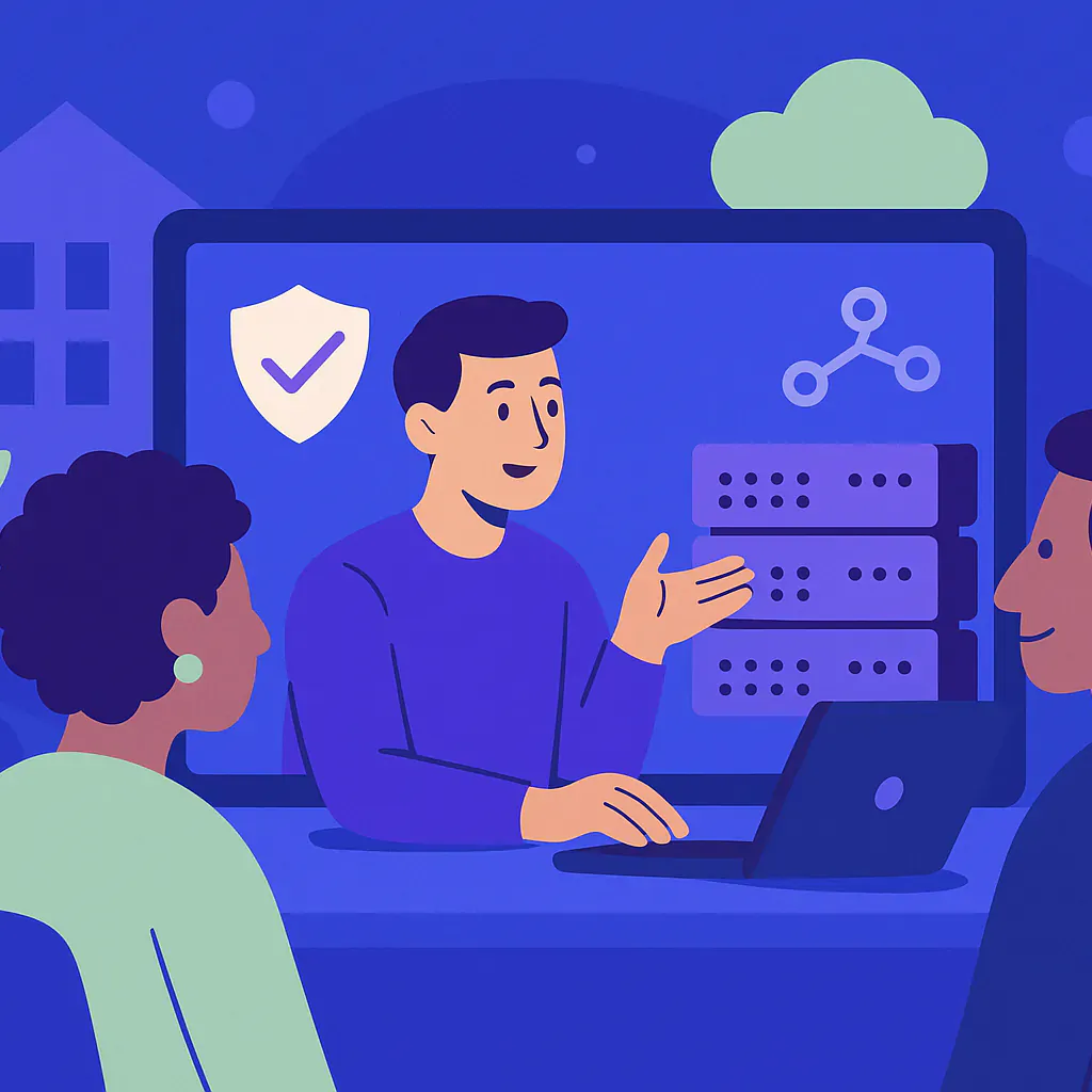 Stylised square thumbnail representing VPS hosting, community technology, non-profit digital transformation, data security without any on-image text.