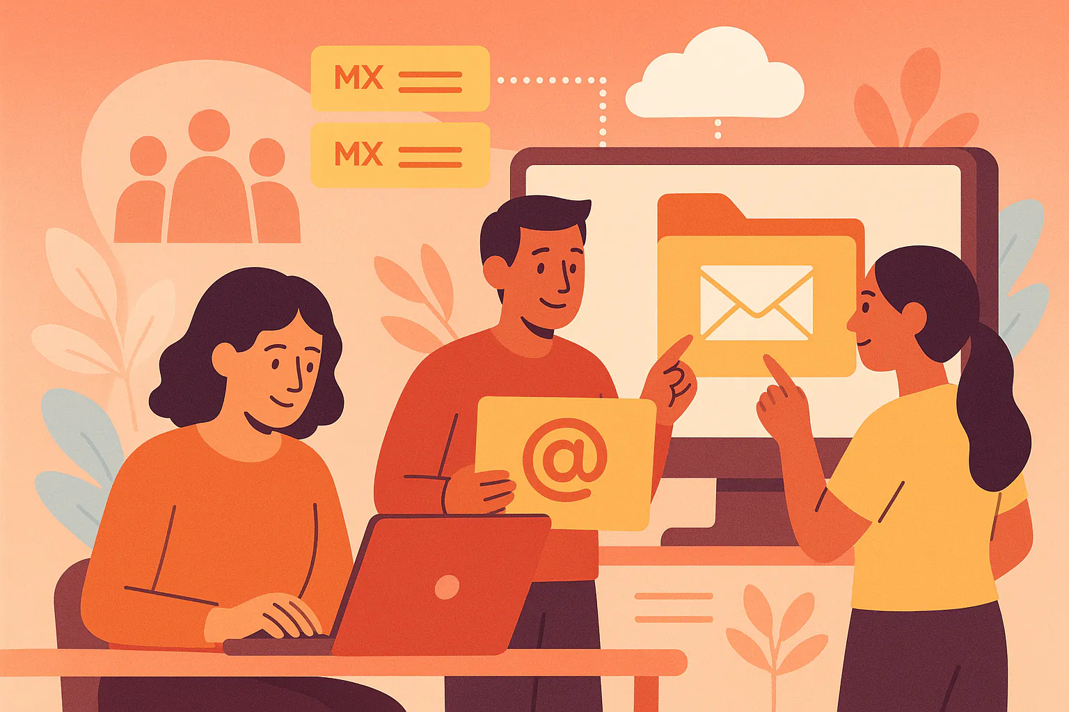 Stylised banner illustration representing email routing, DNS configuration, and Google Workspace integration without any on-image text.
