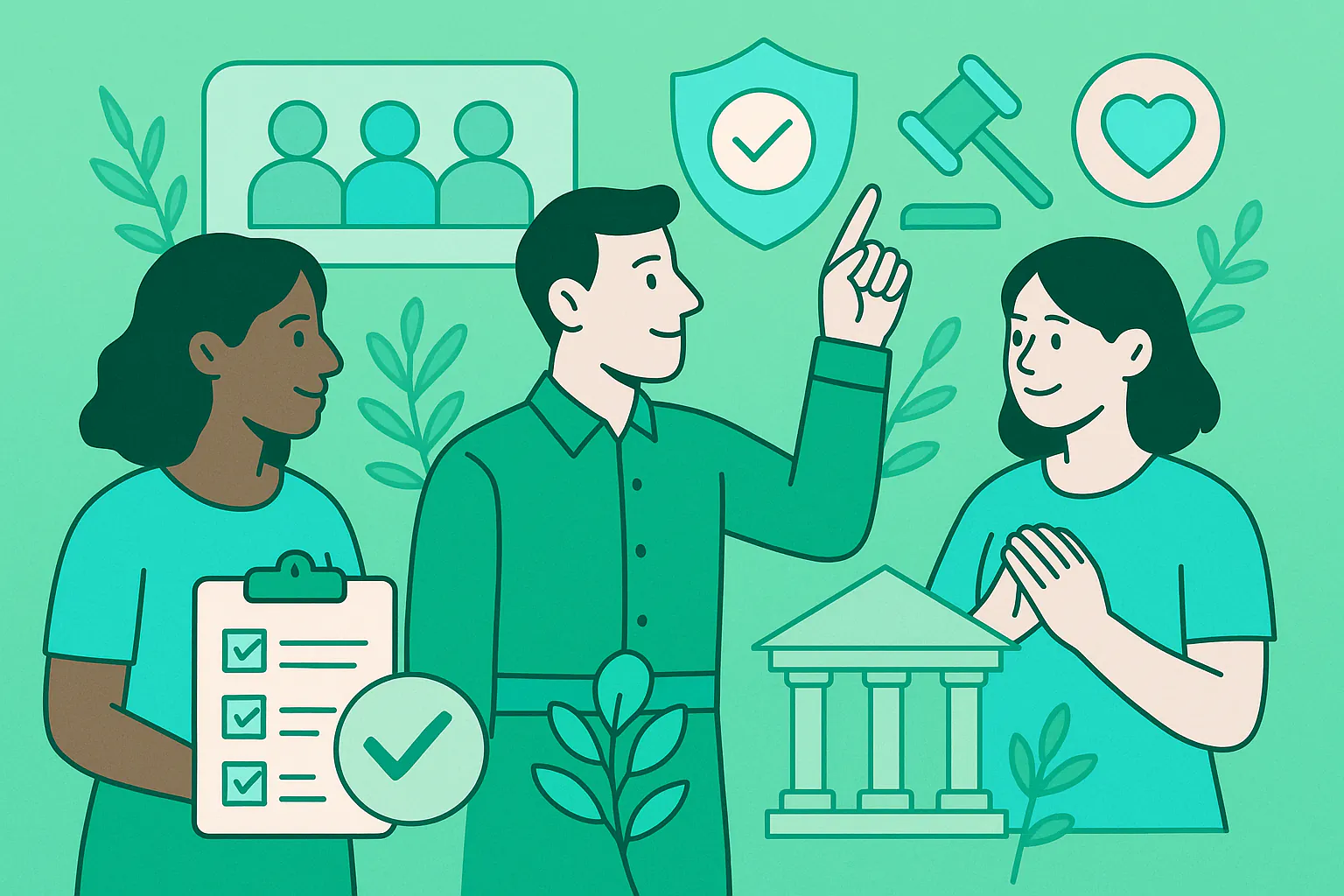 Stylised banner illustration representing Governance, Volunteer Management, Community Safety without any on-image text.