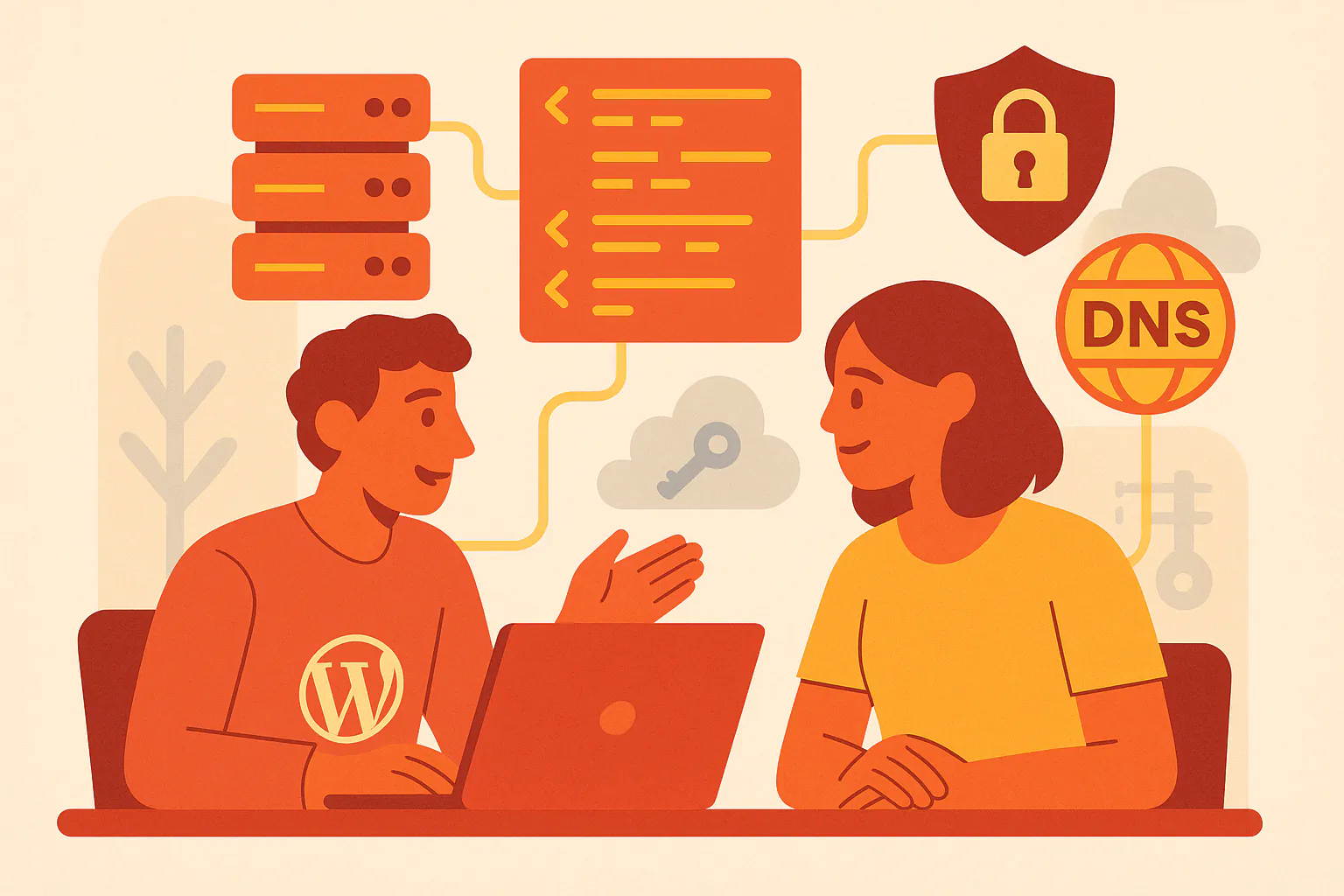 Stylised banner illustration representing Hosting Management, Automation, Security without any on-image text.