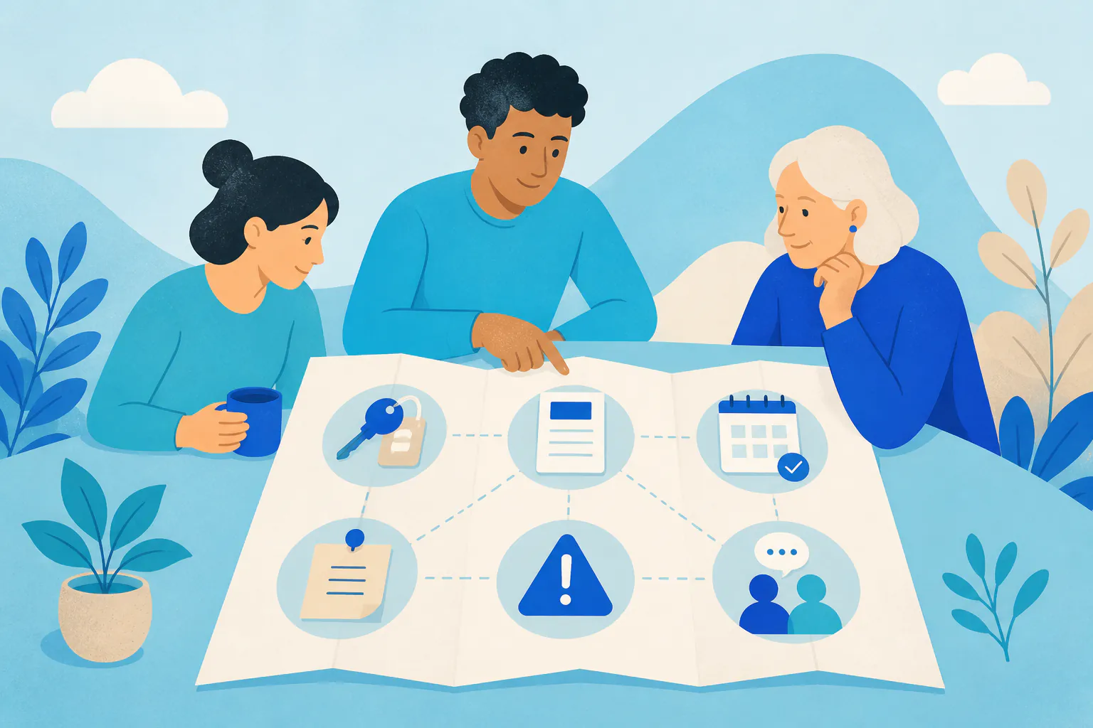 Three community team members reviewing a six-part website handover map.