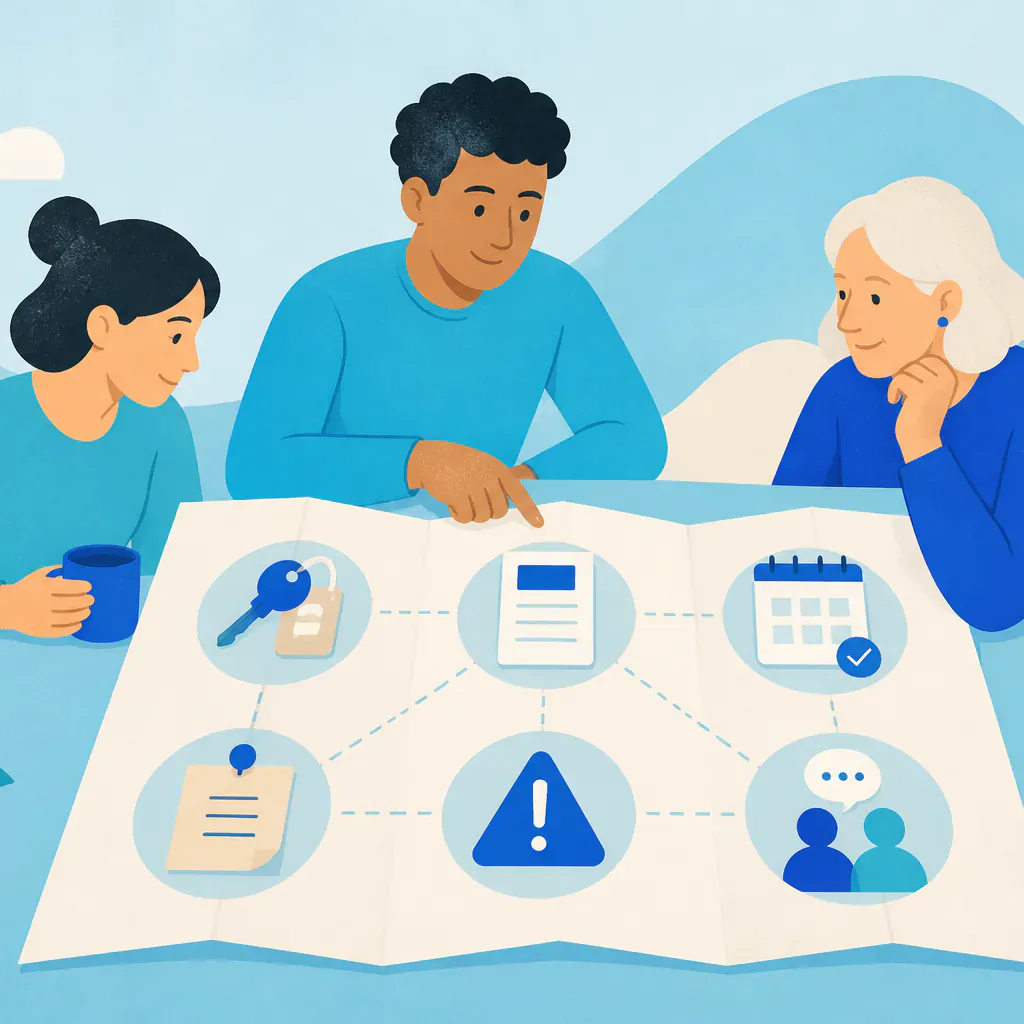 Three community team members reviewing a six-part website handover map.
