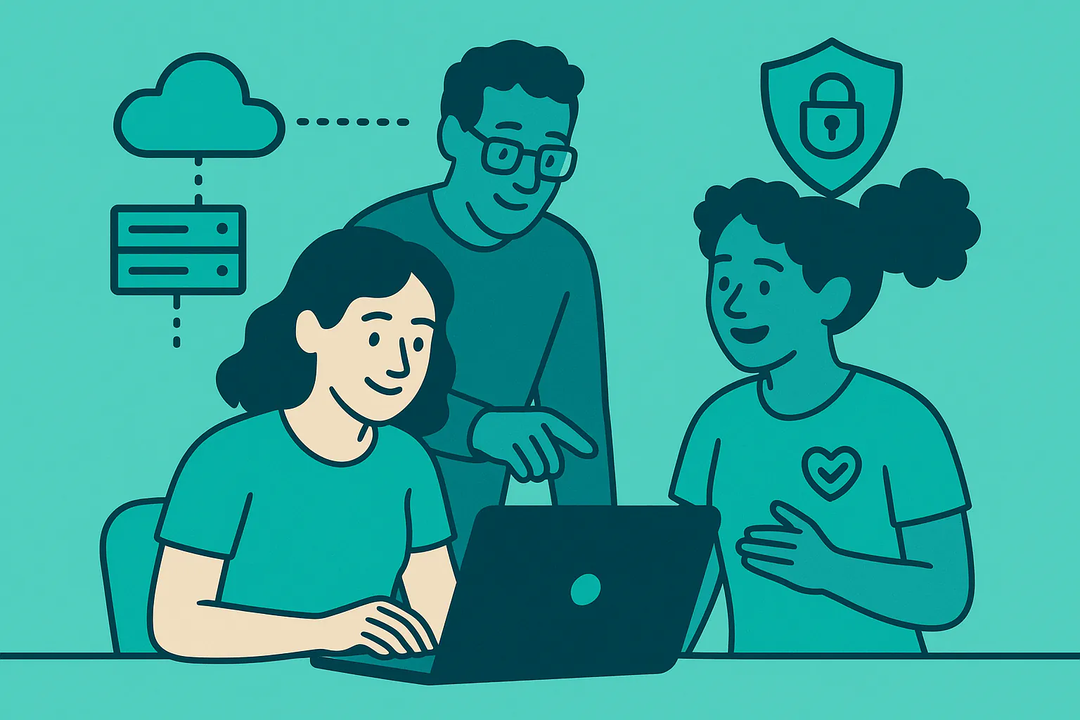 Stylised banner illustration representing Security, Infrastructure, Volunteer Management without any on-image text.