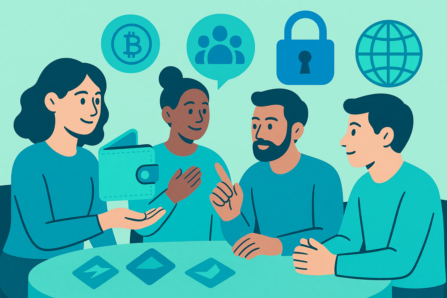 Stylised banner illustration representing Security, Volunteer Management, Crypto Wallets without any on-image text.